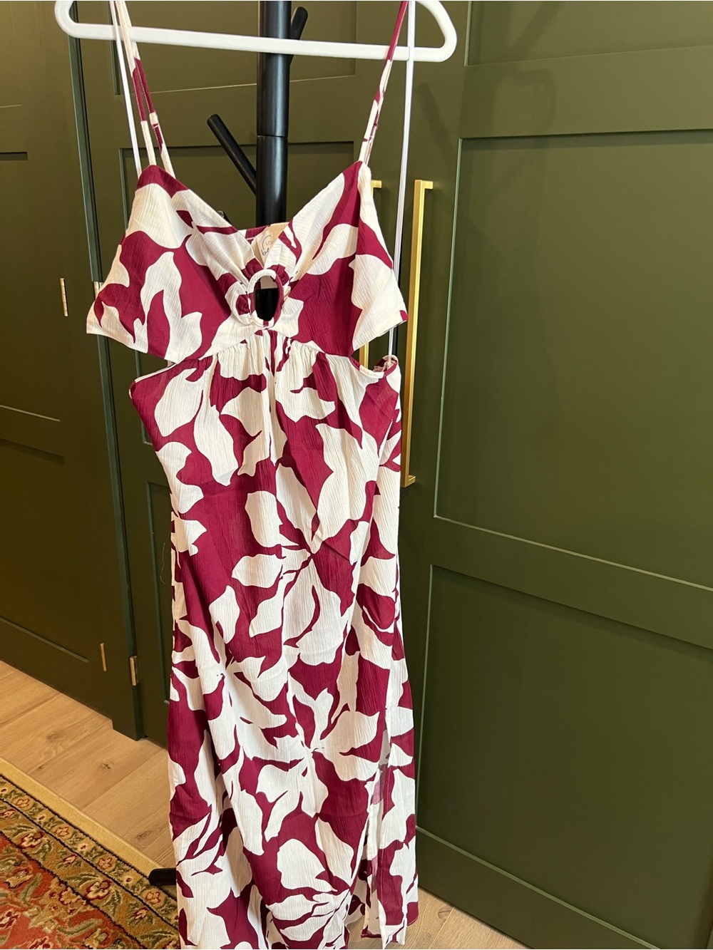 Ann Taylor Loft Beach White & Burgundy Floral Cutout Spaghetti Strap Dress